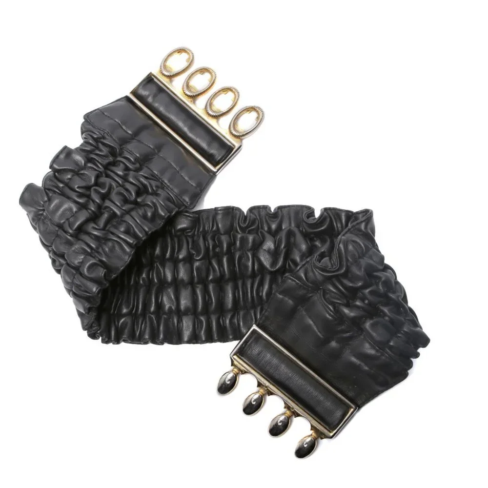 Vegan Faux Leather Wide Cinch Belt Ruffled Black Stretch Waist Band Gold Buckle - Picture 6 of 11
